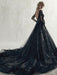 Black Wedding Dresses Lace Princess Silhouette Long Sleeves Natural Waist Lace Court Train Bridal Gown