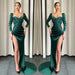 Long Sleeves Dark Green Evening Dress with Split and Sequins