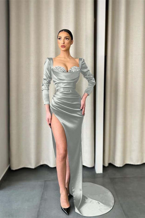 Long Sleeves Dark Green Evening Dress with Split Sequins Prom Dress