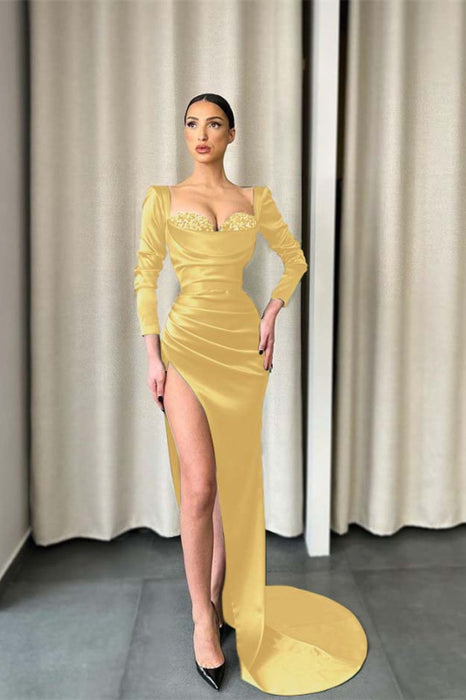 Long Sleeves Dark Green Evening Dress with Split Sequins Prom Dress