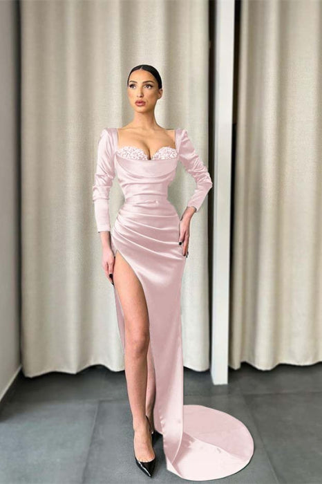 Long Sleeves Dark Green Evening Dress with Split Sequins Prom Dress