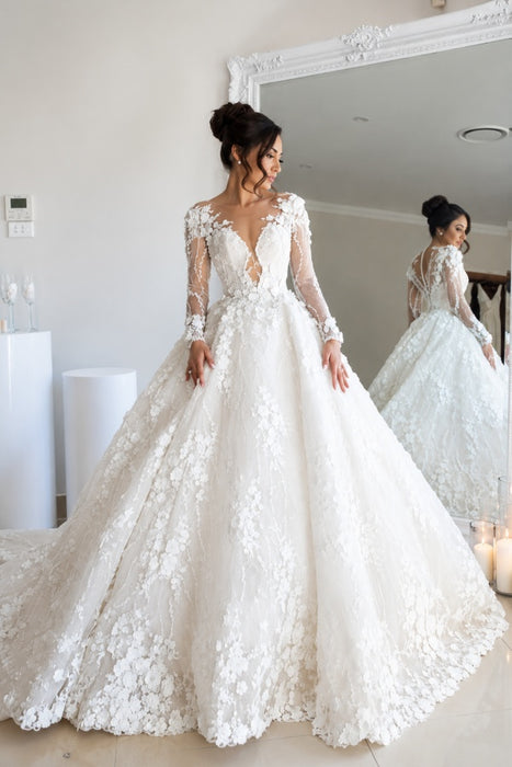 Luxury Long Sleeve Lace Wedding Dress | V-Neck Bridal Gown with Chapel Train