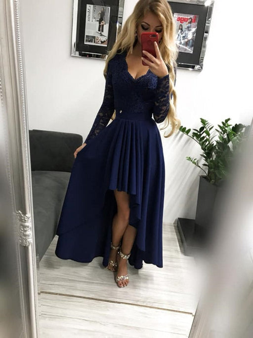 Long Sleeves High Low Burgundy/Navy Blue Lace Long Prom, Long Sleeves Bridelily Long Sleeves High Low Burgundy/Navy Blue Lace Long Prom, Long Sleeves Bridelily