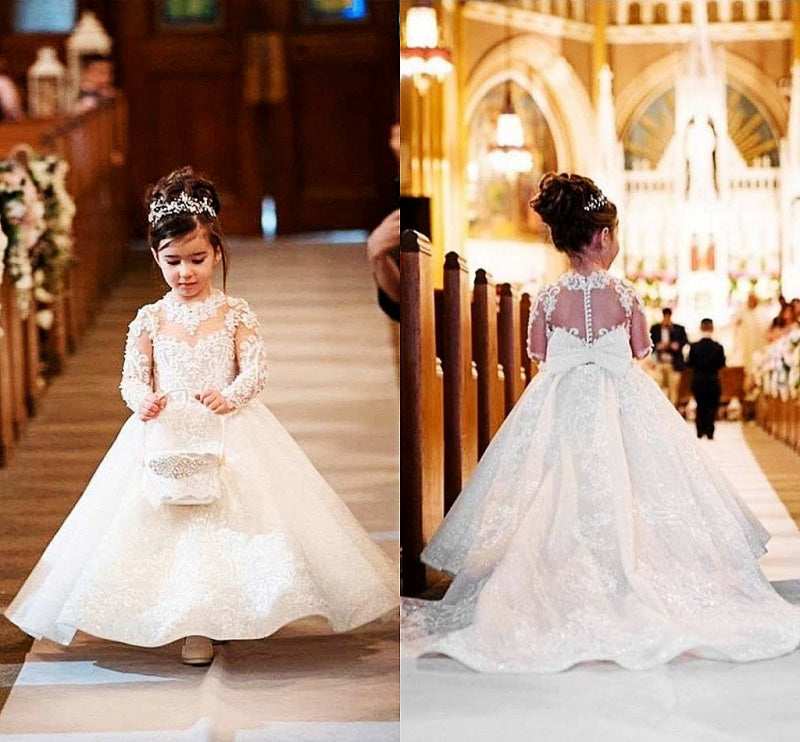 Jewel Neck Half Sleeves Flower Girl Dress with Lace Handmade Flowers Ruffles