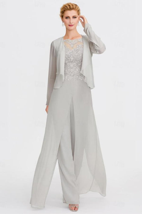 Long Sleeves Lace Appliques Chiffon Mother of Bride Dress Jumpsuit - Prom Dresses
