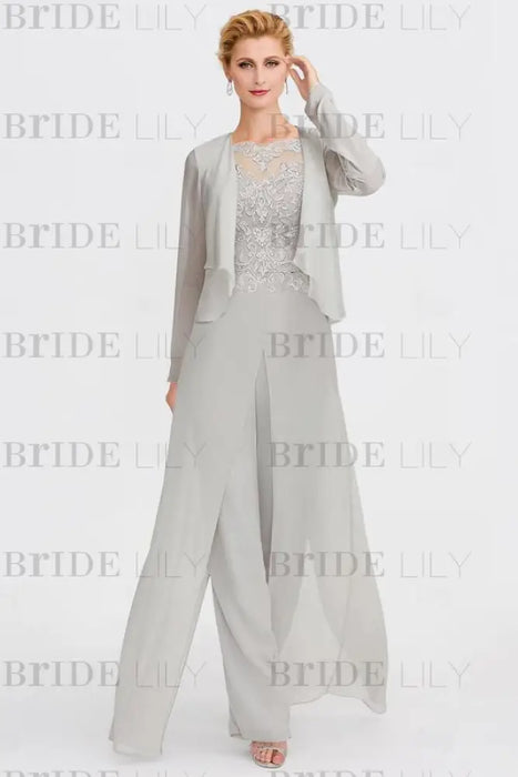 Long Sleeves Lace Appliques Chiffon Mother of Bride Dress Jumpsuit - Prom Dresses