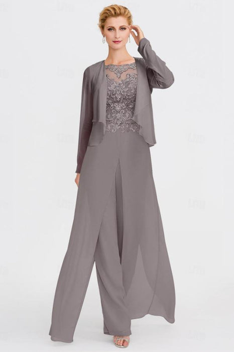 Long Sleeves Lace Appliques Chiffon Mother of Bride Dress Jumpsuit - Prom Dresses