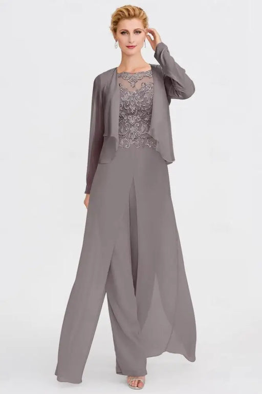 Long Sleeves Lace Appliques Chiffon Mother of Bride Dress Jumpsuit - Prom Dresses