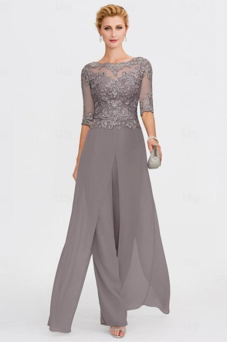 Long Sleeves Lace Appliques Chiffon Mother of Bride Dress Jumpsuit - Prom Dresses