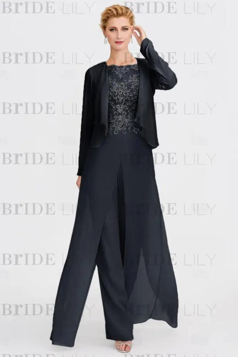Long Sleeves Lace Appliques Chiffon Mother of Bride Dress Jumpsuit - Prom Dresses