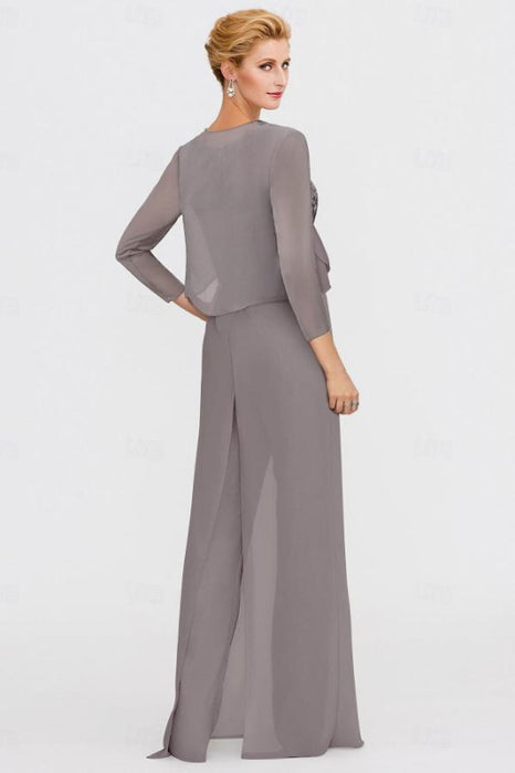 Long Sleeves Lace Appliques Chiffon Mother of Bride Dress Jumpsuit - Prom Dresses