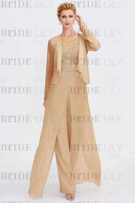 Long Sleeves Lace Appliques Chiffon Mother of Bride Dress Jumpsuit - Prom Dresses