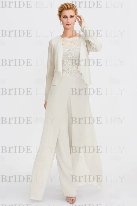 Long Sleeves Lace Appliques Chiffon Mother of Bride Dress Jumpsuit - Prom Dresses