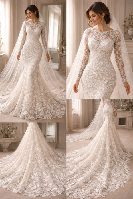 Long Sleeves Lace Mermaid Wedding Dress with Appliques
