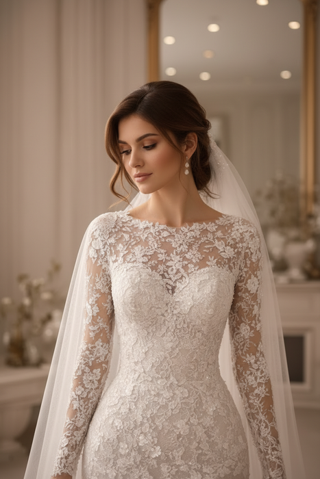 Long Sleeves Lace Mermaid Wedding Dress with Appliques