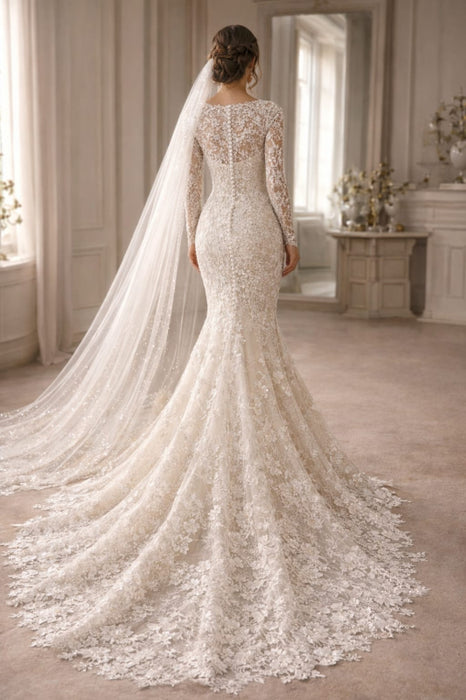 Long Sleeves Lace Mermaid Wedding Dress with Appliques