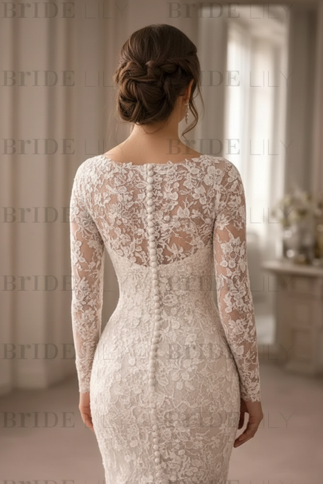 Long Sleeves Lace Mermaid Wedding Dress with Appliques