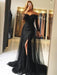 Long Sleeves Mermaid Black/Gray Lace Long Prom Dresses with Side Slit, Mermaid Lace Black/Gray Formal Dresses, Evening Dresses