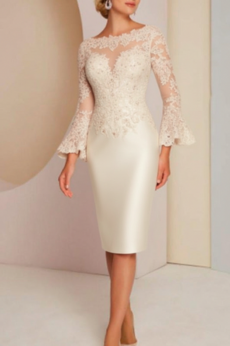 Ivory Long sleeves mermaid knee length Satin Mother of the bride dress - Prom Dresses