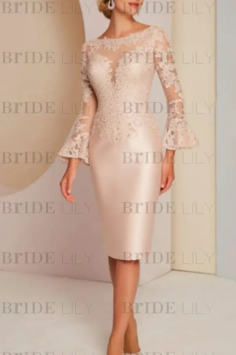 Blush Pink Long sleeves mermaid knee length Satin Mother of the bride dress - Prom Dresses