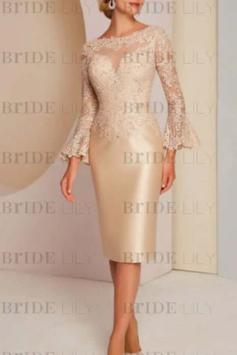 champagne Long sleeves mermaid knee length Satin Mother of the bride dress - Prom Dresses