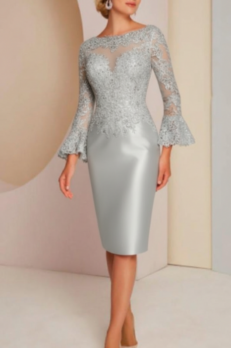 Silver Long sleeves mermaid knee length Satin Mother of the bride dress - Prom Dresses