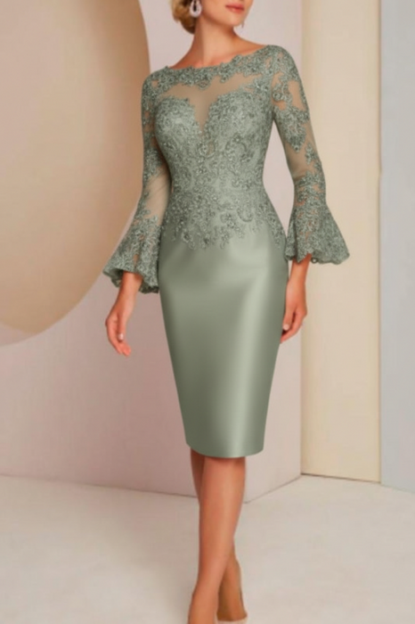 Dusty Sage Long sleeves mermaid knee length Satin Mother of the bride dress - Prom Dresses