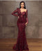 Long Sleeves Mermaid Prom Dress Beadings Evening Dress Burgundy