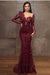 Long Sleeves Mermaid Prom Dress Beadings Evening Dress Burgundy