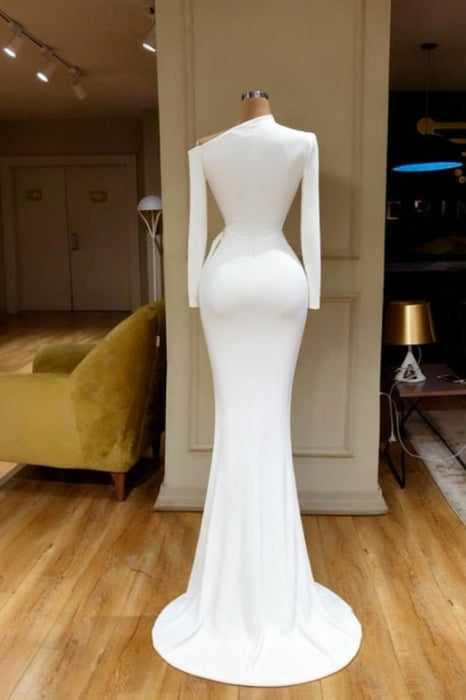 Long Sleeves Mermaid Prom Dress Satin Evening Dress White - Prom Dresses