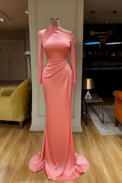 Coral Pink Long Sleeves Mermaid Prom Dress Satin