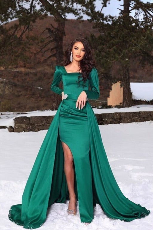 Long Sleeves Mermaid Slit Prom Dress With Detachable Skirt in Dark Green