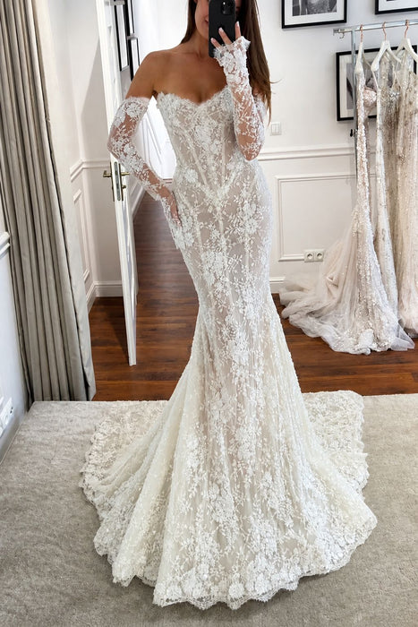 Long Sleeves Mermaid Wedding Dress Lace with Off Shoulder