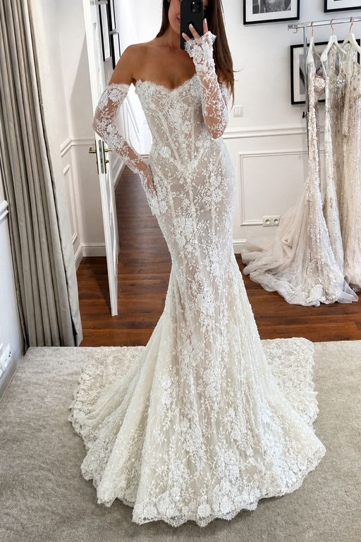 Long Sleeves Mermaid Wedding Dress Lace with Off Shoulder