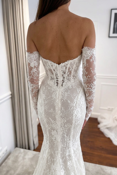 Long Sleeves Mermaid Wedding Dress Lace with Off Shoulder