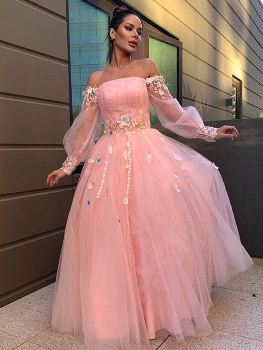Ball Gown Hand-Made Flower Tulle Long Sleeves Off-the-Shoulder Floor-Length Dresses - Prom Dresses
