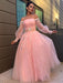 Ball Gown Hand-Made Flower Tulle Long Sleeves Off-the-Shoulder Floor-Length Dresses - Prom Dresses