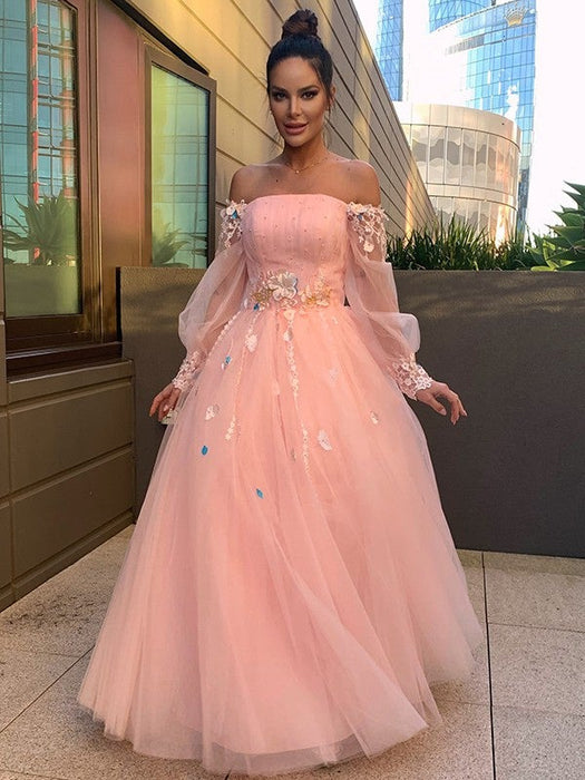 Ball Gown Hand-Made Flower Tulle Long Sleeves Off-the-Shoulder Floor-Length Dresses - Prom Dresses