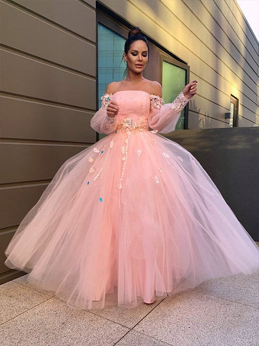 Ball Gown Hand-Made Flower Tulle Long Sleeves Off-the-Shoulder Floor-Length Dresses - Prom Dresses