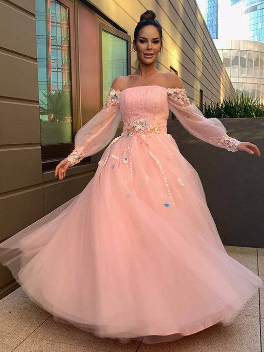 Ball Gown Hand-Made Flower Tulle Long Sleeves Off-the-Shoulder Floor-Length Dresses - Prom Dresses