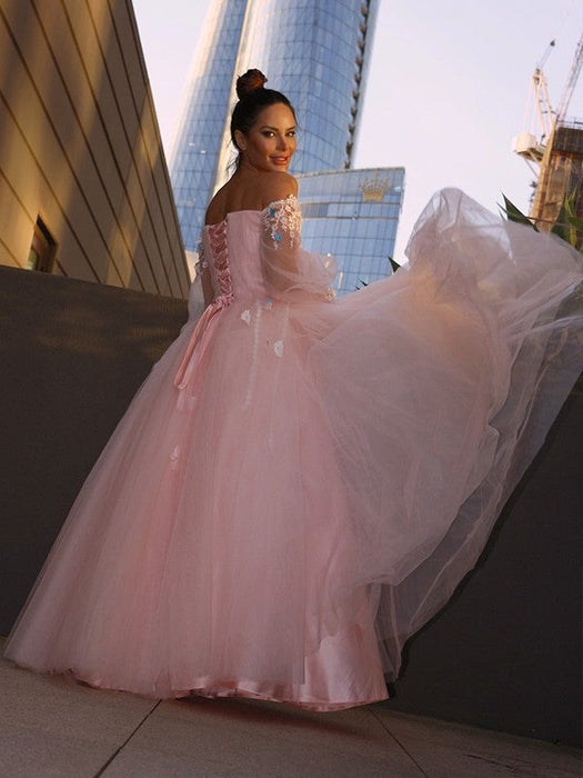 Ball Gown Hand-Made Flower Tulle Long Sleeves Off-the-Shoulder Floor-Length Dresses - Prom Dresses