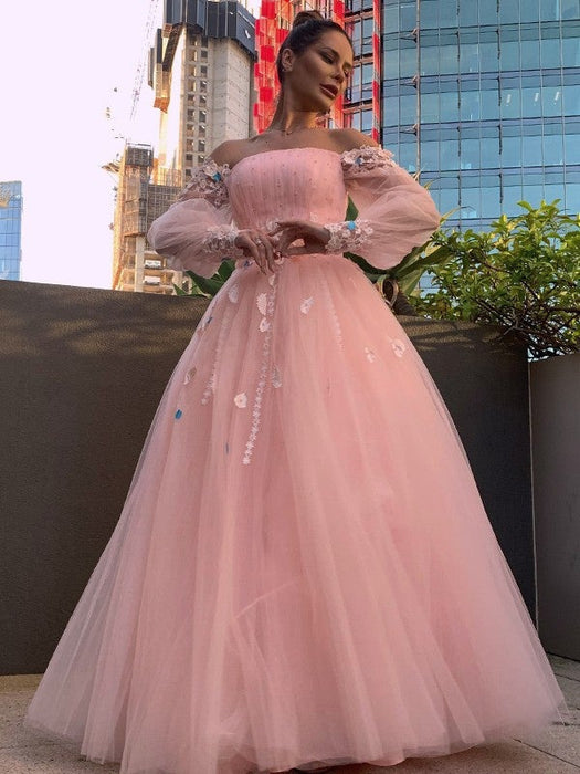Ball Gown Hand-Made Flower Tulle Long Sleeves Off-the-Shoulder Floor-Length Dresses - Prom Dresses