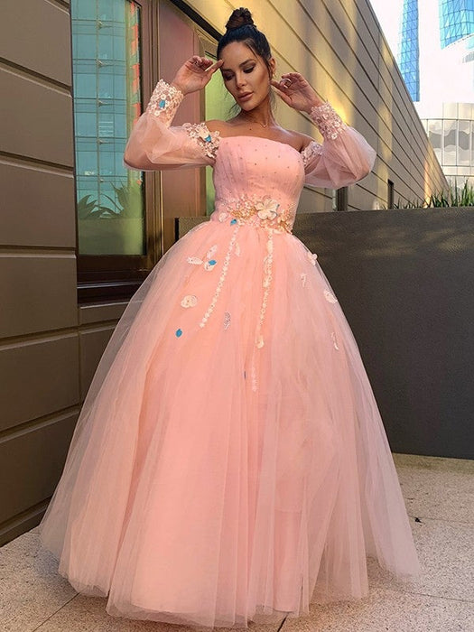 Ball Gown Hand-Made Flower Tulle Long Sleeves Off-the-Shoulder Floor-Length Dresses - Prom Dresses