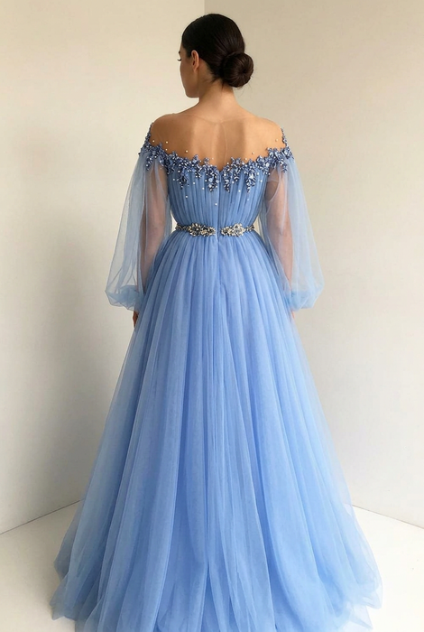 Long Sleeves Off-The-Shoulder Tulle With Beading Floor-Length Dresses - Prom Dresses