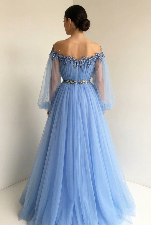 Long Sleeves Off-The-Shoulder Tulle With Beading Floor-Length Dresses - Prom Dresses
