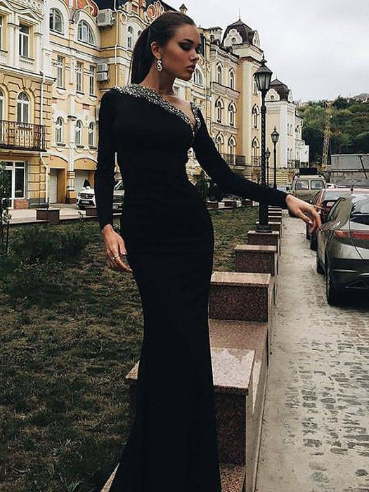 Trumpet/Mermaid Long Sleeves One-Shoulder Spandex Beading Sweep/Brush Train Dresses - Prom Dresses