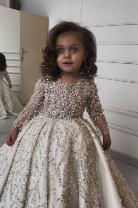 arabic ladies dress Long Sleeves Pearl Satin A Line Beadings Girls Pegeant Dress-Bridelily