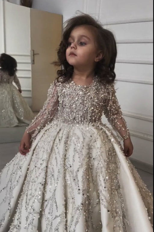 birthday dress long sleeve Long Sleeves Pearl Satin A Line Beadings Girls Pegeant Dress-Bridelily