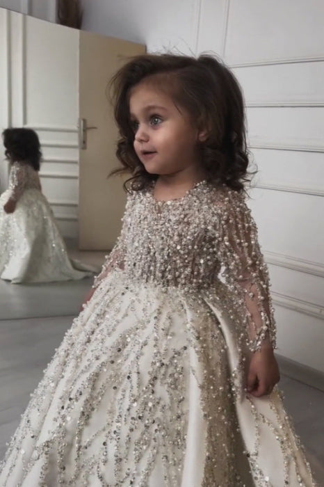 Long Sleeves Pearl Satin Ball Gown A Line Beadings Arabic Girls Pegeant Dress Birthday Dress - Flower Girl Dress
