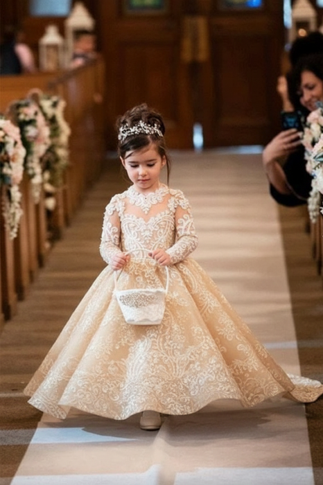 Long Sleeves Princess Long Lace Flower Girl Dresses-Bridelily Long Sleeves Princess Long Lace Flower Girl Dresses-Bridelily